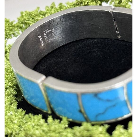 Vintage Taxco Turquoise Inlay Sterling Silver Chunky Clamper Bracelet - Picture 7 of 7